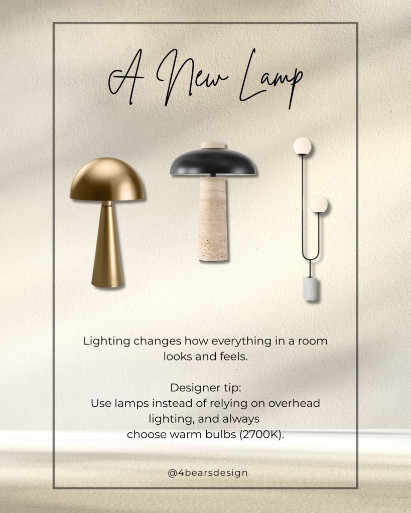 Table and floor lamps used to create warm layered lighting in a living room
