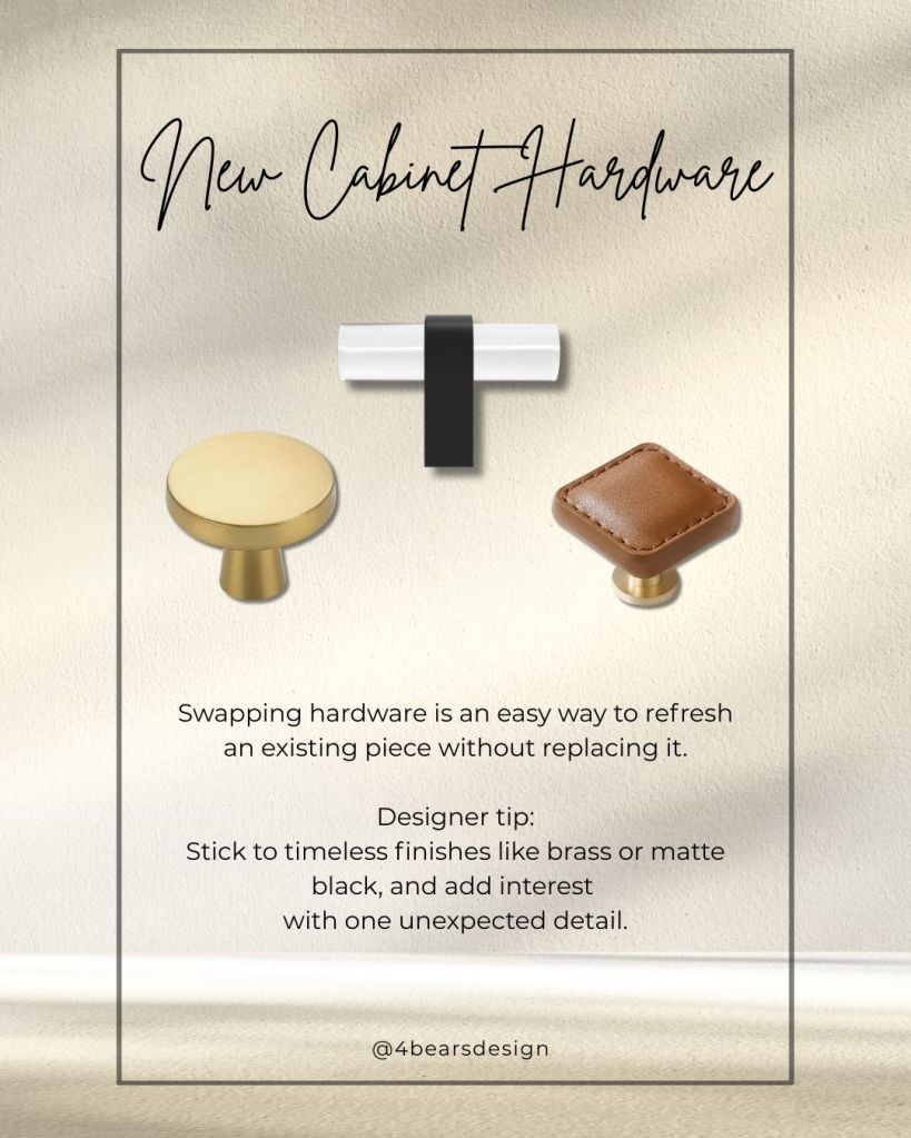 Brass, matte black, and leather cabinet hardware used to update existing furniture
